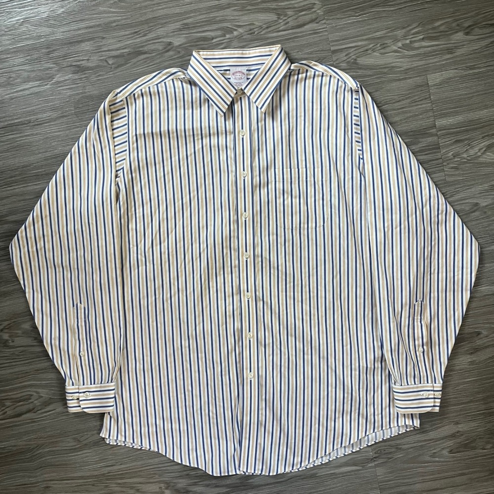 Brooks Brothers Mens 17.5 6/7 Traditional Fit Non-Iron Striped Shirt Blue Yellow